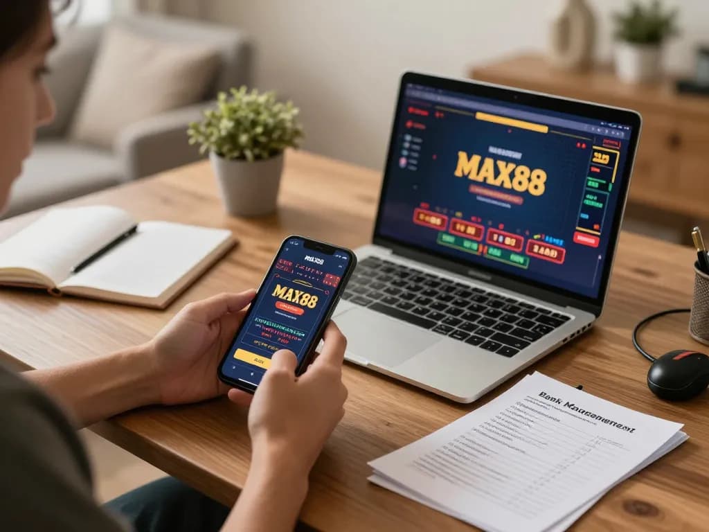 Player using the MAX88 app to enjoy online gaming while practicing responsible bankroll management.