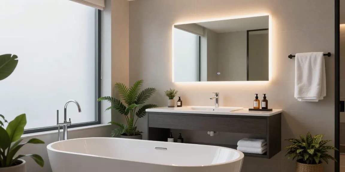 Hotel bathroom mirror elegance: LED mirror manufacturer illuminated layout.