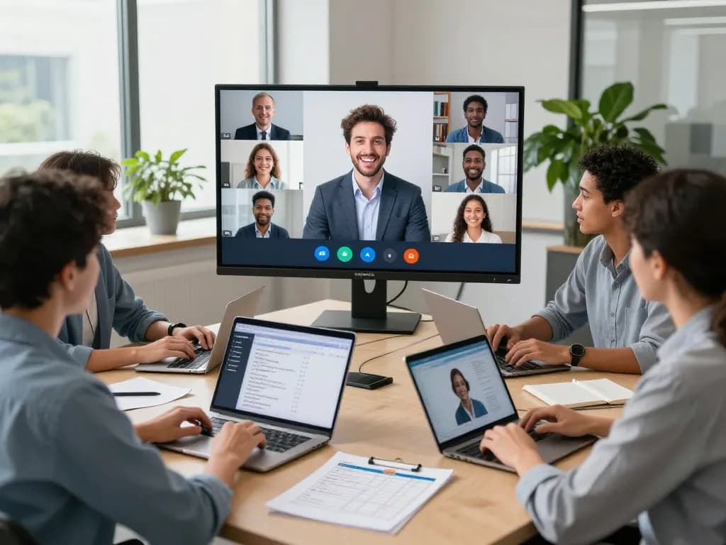 Engaged team using AI voice interviewer technology in a modern HR office.