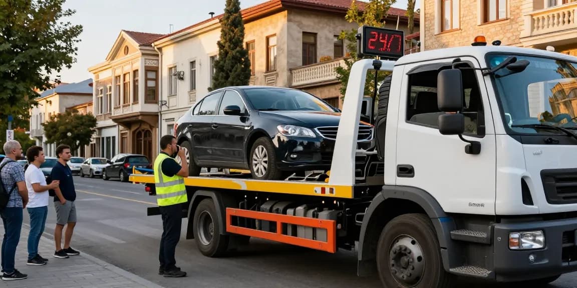 Professional evakuatori service in Tbilisi, showcasing a tow truck driver securely loading a car, emphasizing 24/7 rapid response and urban roadside assistance.