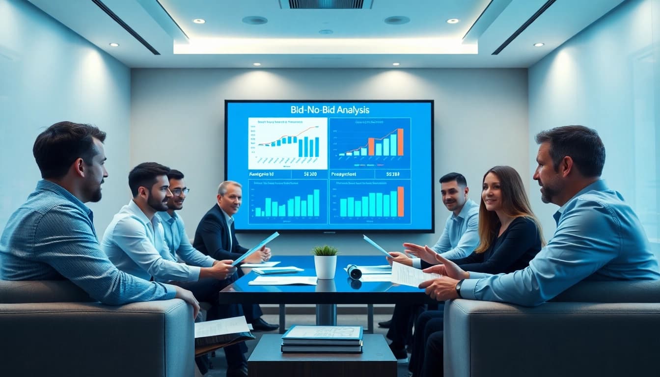 Team discussing Bid-No-Bid Analysis strategies in a modern conference room.
