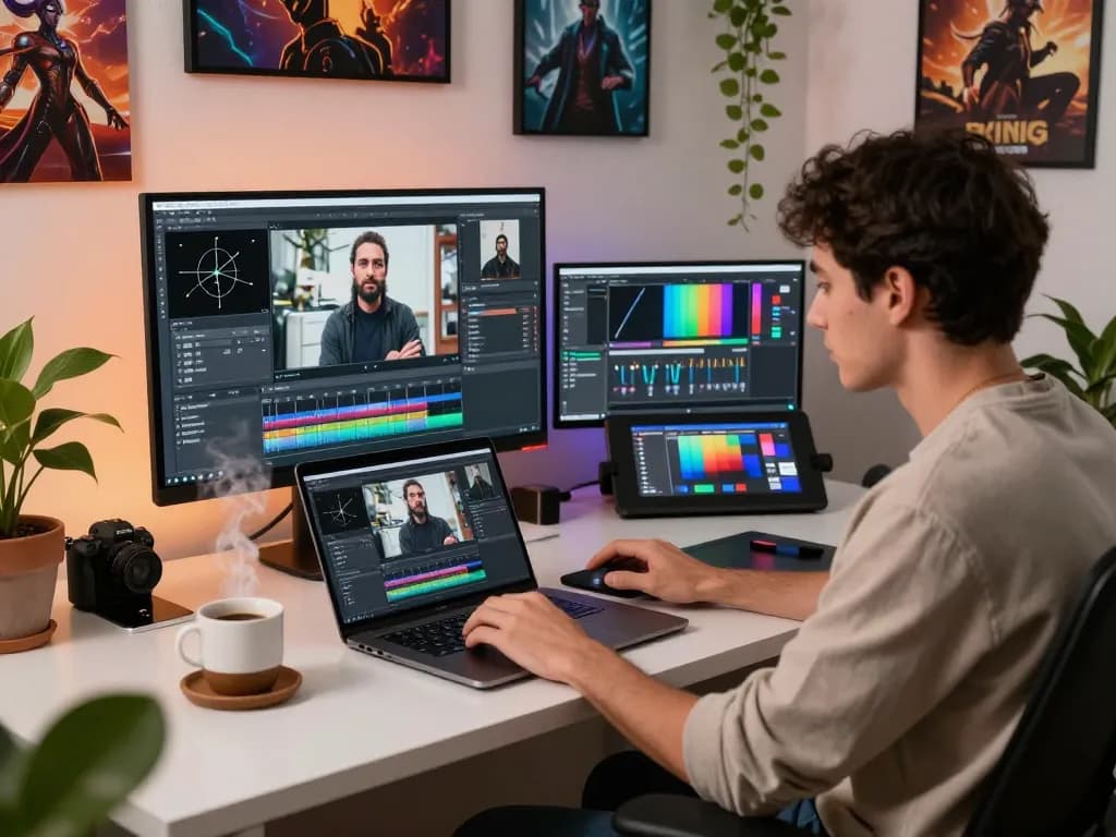Content creator using Kling motion in a modern workspace to generate animated videos from images.