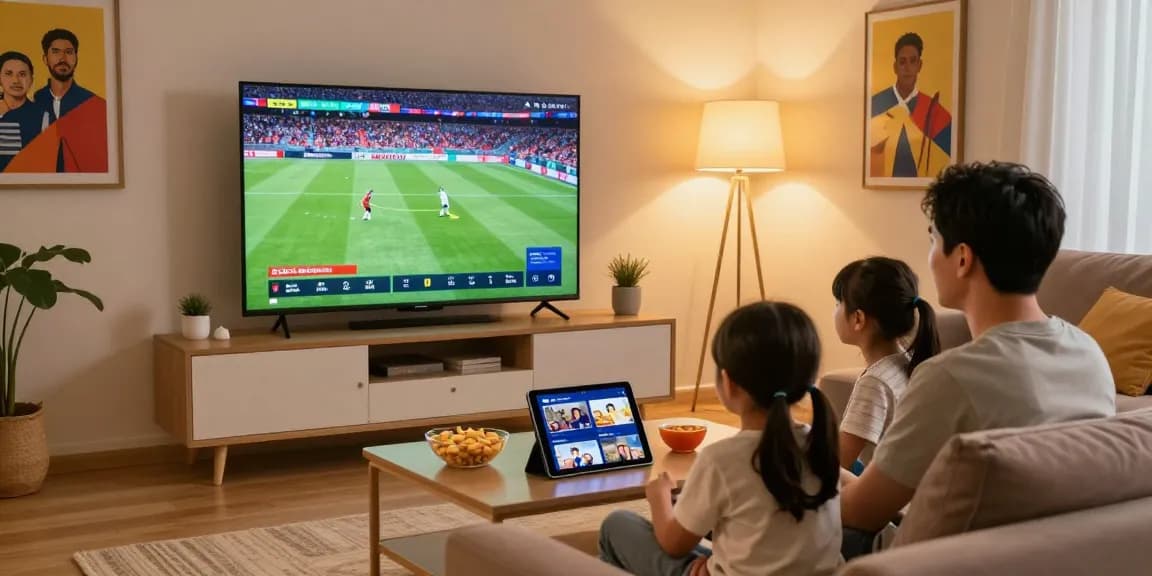 Family enjoying the best IPTV service in Germany while watching a sports game on a large television.