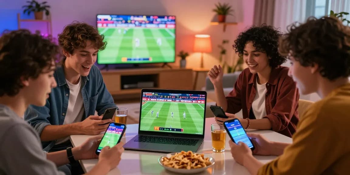 Friends enjoying online betting at maahadevboook.com with vibrant atmosphere and sports action.