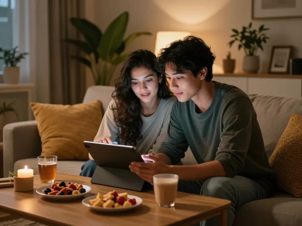 Couple enjoying a porn AI chat in a cozy living room, showcasing playful intimacy.