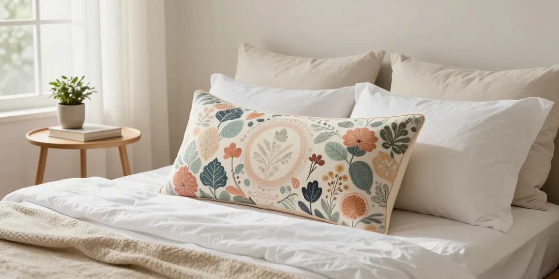 Custom body pillow on a cozy bed with pastel colors and intricate artwork, creating a personalized touch.