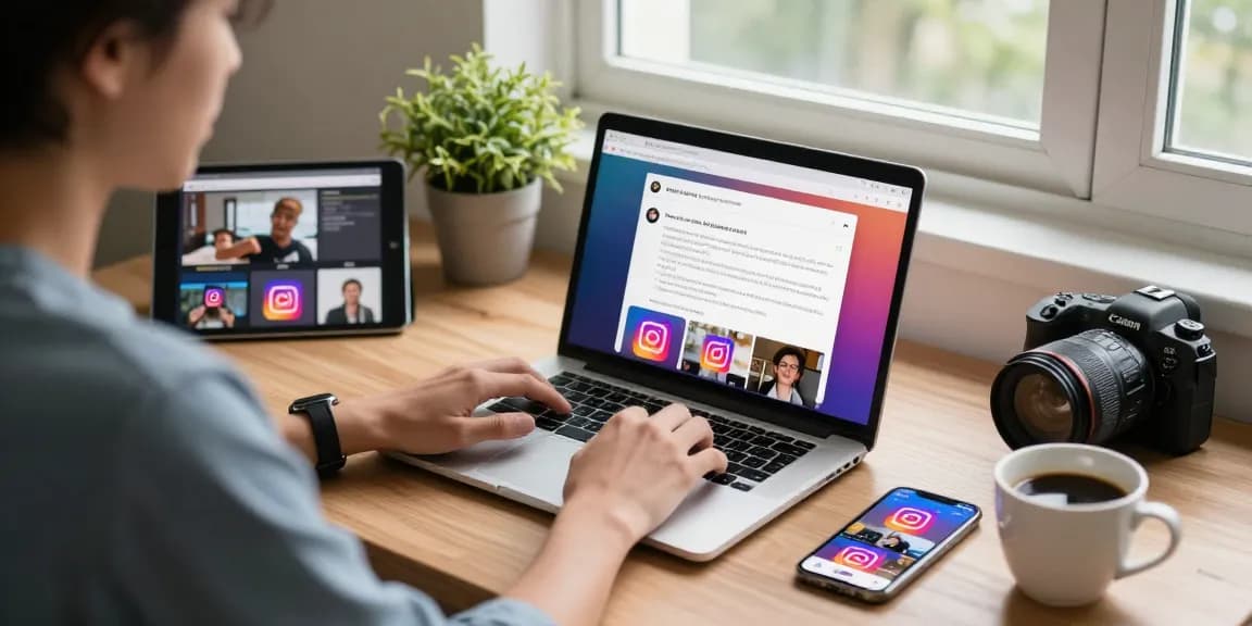 Effortlessly download Instagram content using https://spector.net/ in a cozy home workspace with a laptop and smartphone.