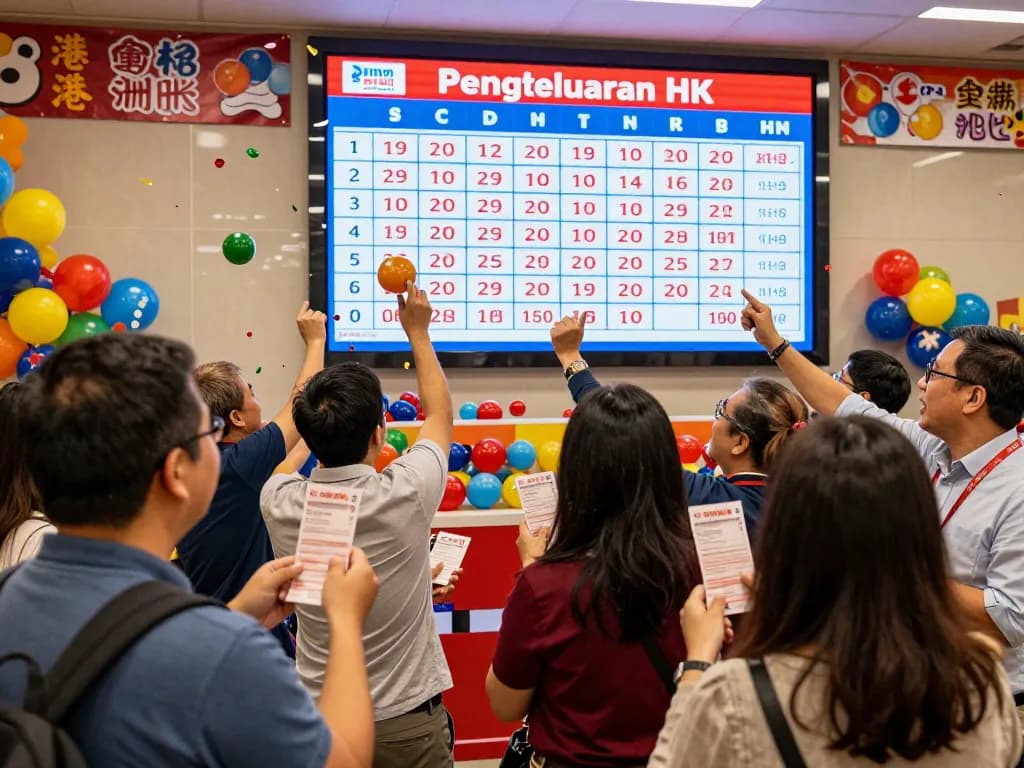 Peserta yang bersemangat menyaksikan undian lotere langsung Pengeluaran HK, bola warna-warni, energi yang dinamis, suasana meriah.
