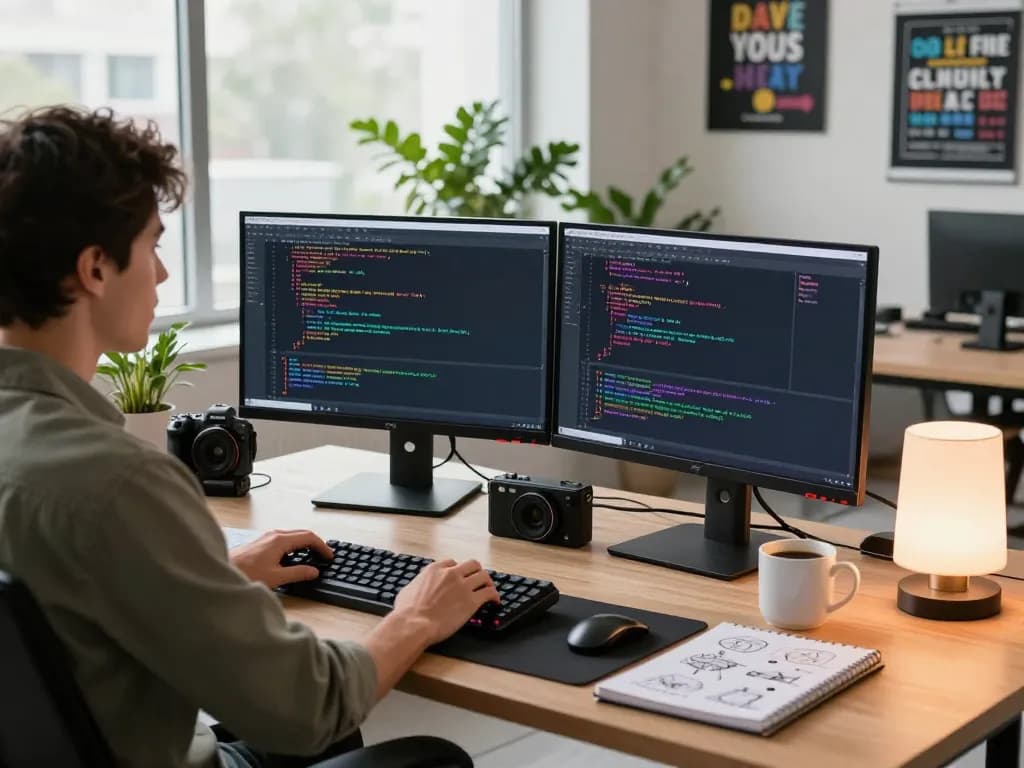Software developer coding on dual monitors in a modern office workspace with wps tools and tech gadgets.