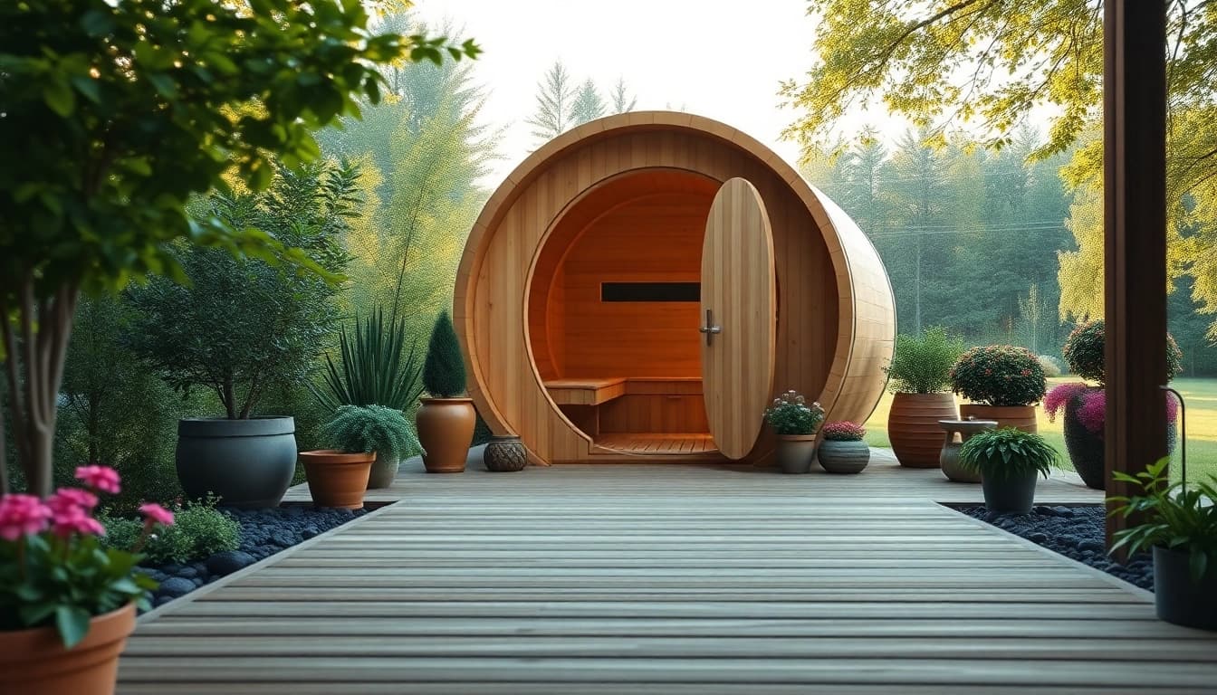 Inviting barrel sauna outdoor in a lush garden setting, perfect for relaxation.