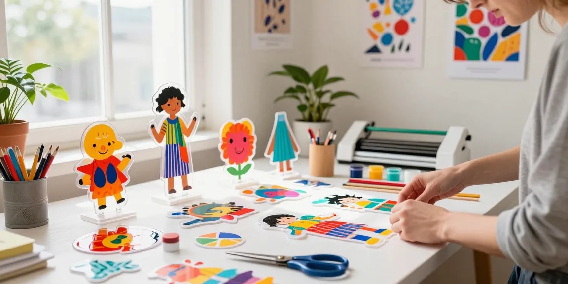 Artist creating custom acrylic standee designs in a colorful crafting space.