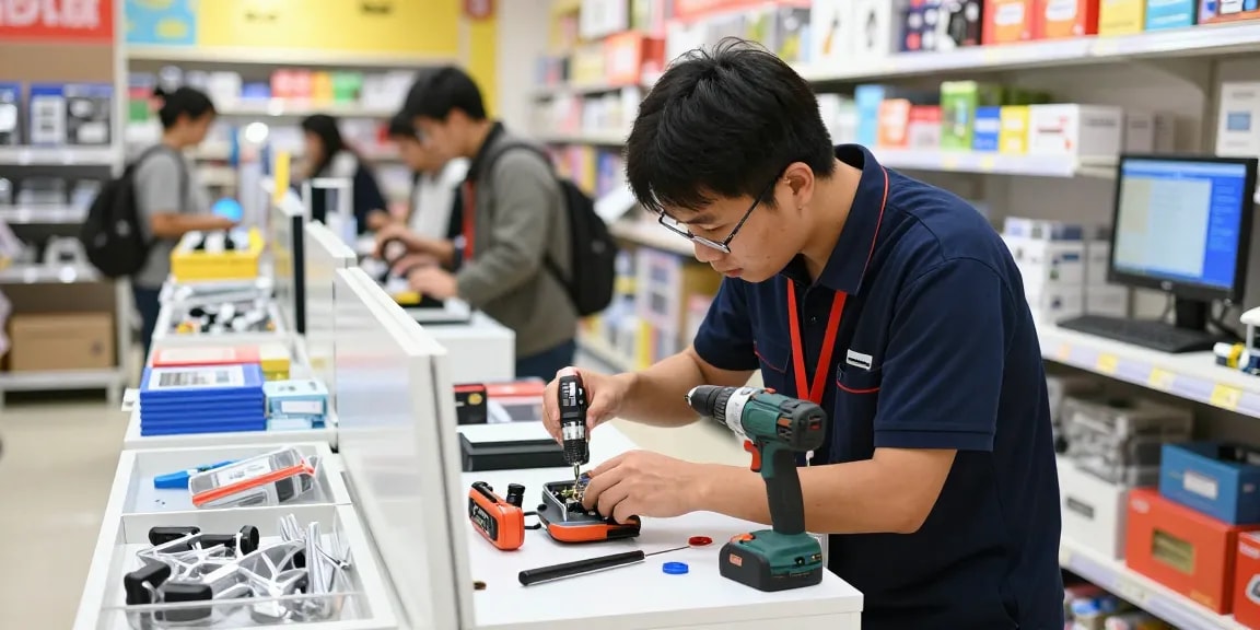 Retail repairs technician inspecting display unit, showcasing tools and vibrant store merchandise in dynamic environment.