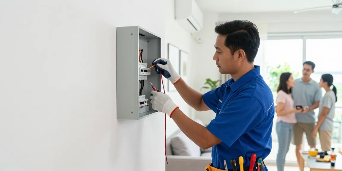 Electrician in Singapore performing electrical panel installation in a modern home setting, ensuring safety and quality service.