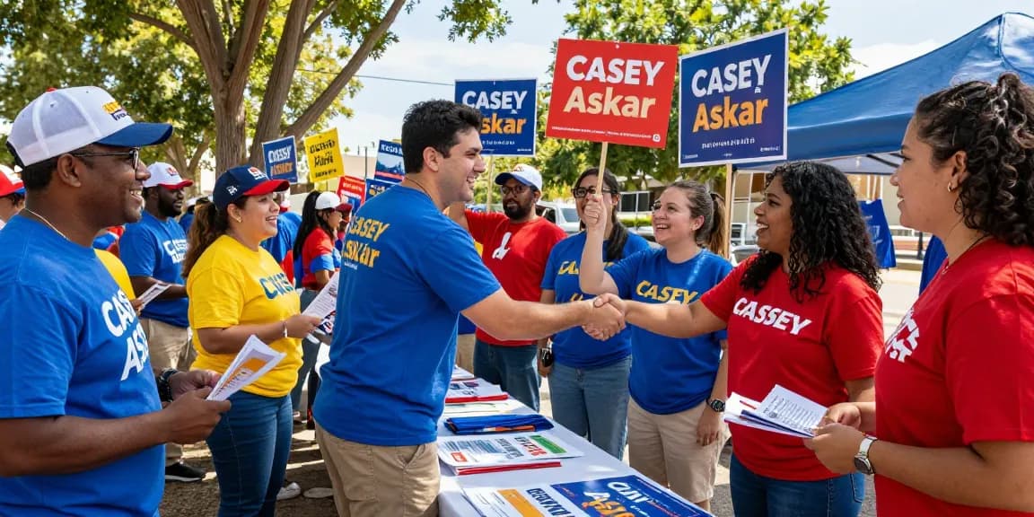 Casey Askar engaging with community members at a campaign event filled with supporters.