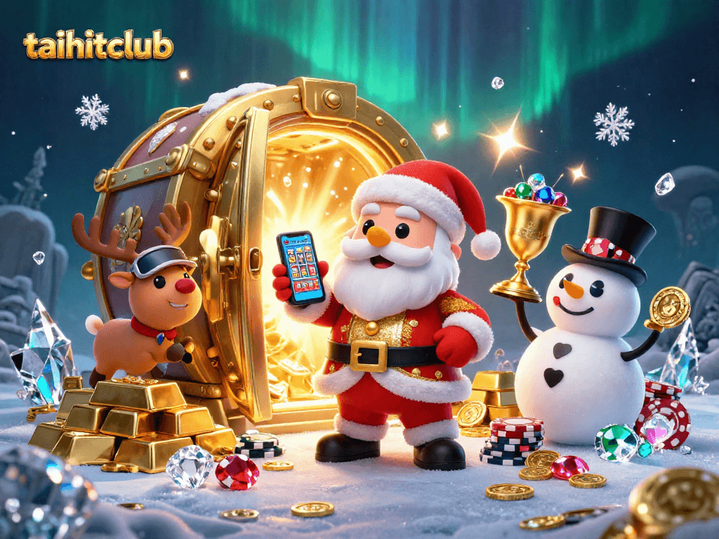 Playing jackpot slots with taihitclub characters in a vibrant casino scene filled with treasures and festive energy.