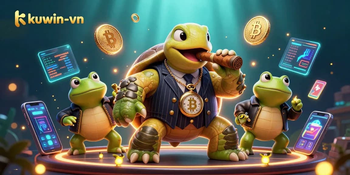 Engaging kuwin-vn illustration featuring a turtle and bullfrogs amidst a vibrant casino scene.