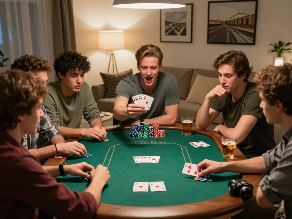 Players enjoy a thrilling poker game in a cozy living room, highlighting exciting moments of the J188 bet experience.