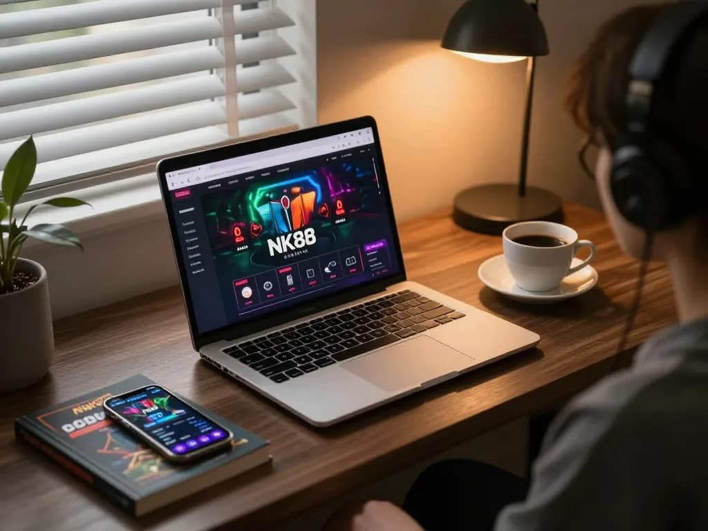 Enjoying gameplay on NK88 Casino with a laptop in a cozy, strategic setting during evening.