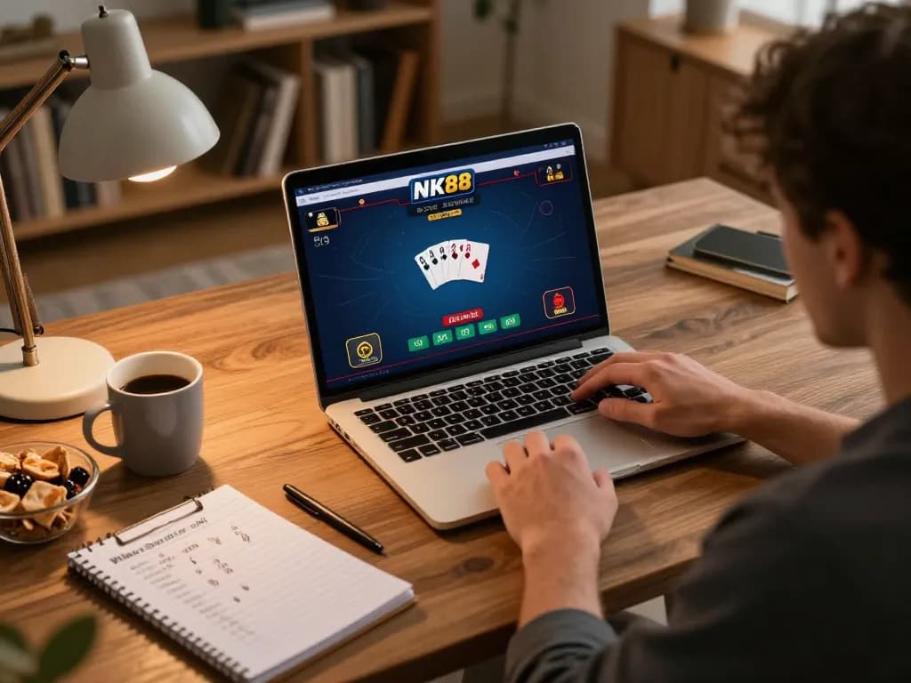 Player engaging with NK88 Casino online poker game interface in a cozy home setting.