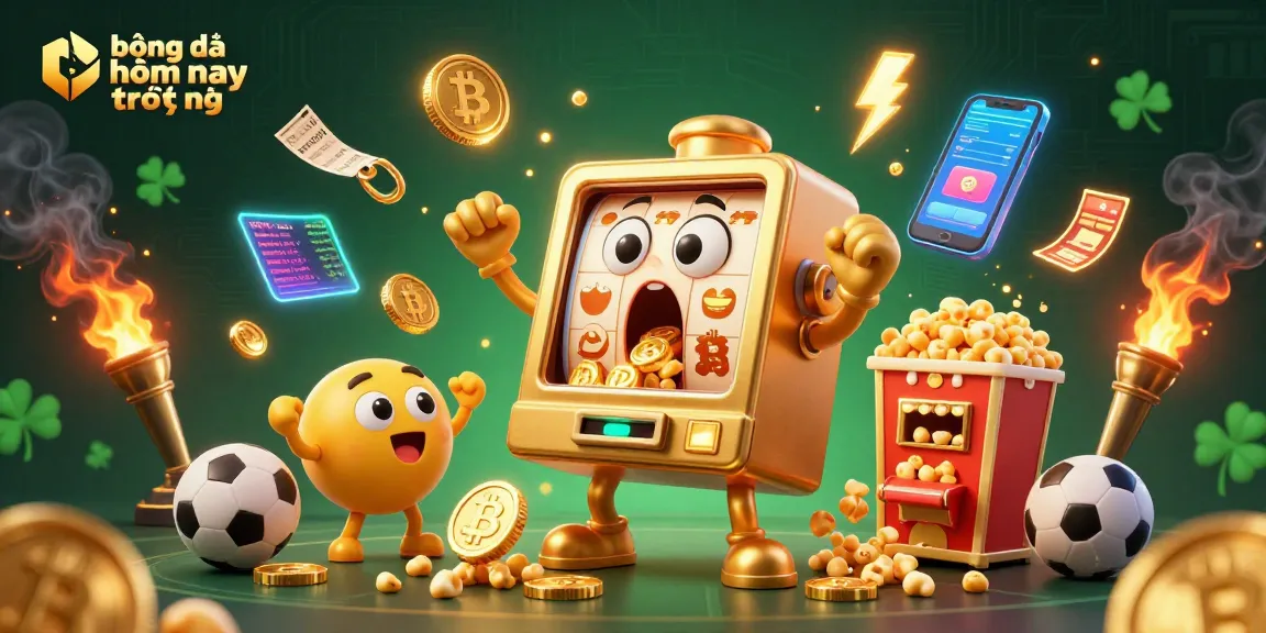 Experience the excitement of bóng đá hôm nay trực tiếp with a vibrant 3D casino illustration featuring animated slot machines and sports elements.