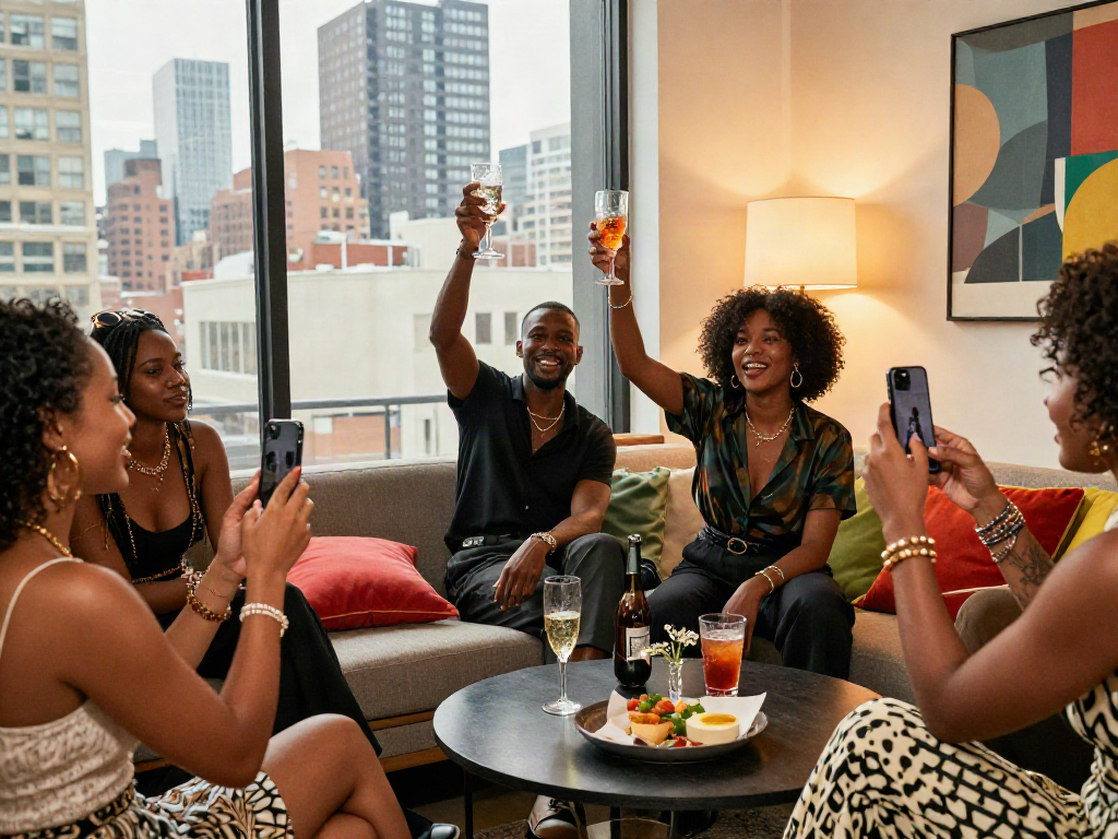 Friends celebrating in a stylish urban loft, showcasing fashion and vibrant decor, rokok88 lifestyle.