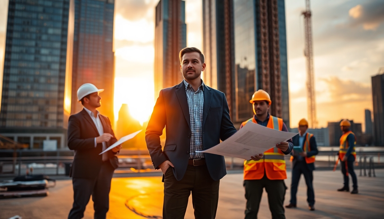 Manhattan Construction Manager overseeing a construction project, collaborating with team members.