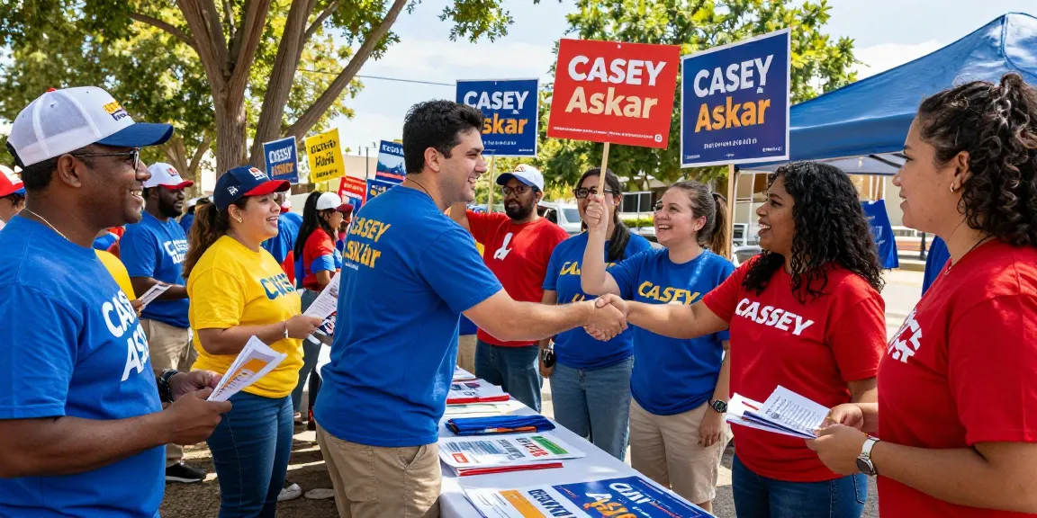 Casey Askar engaging with community members at a campaign event filled with supporters.