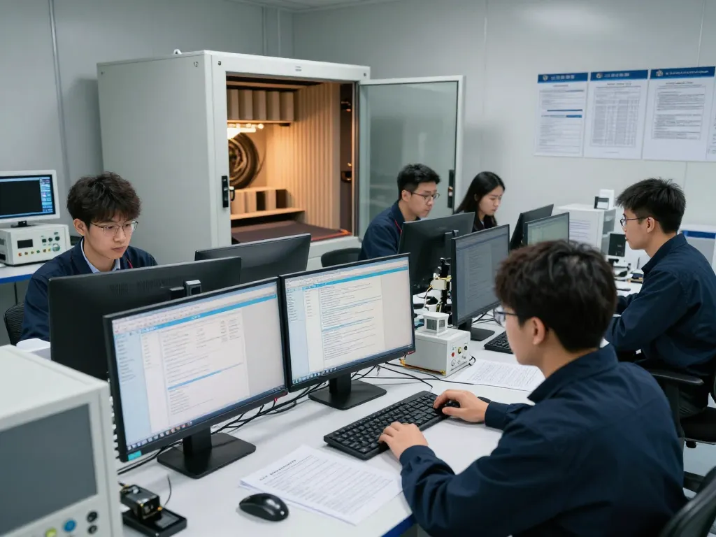 Engineers conducting ETSI compliance tests in an advanced lab setting.