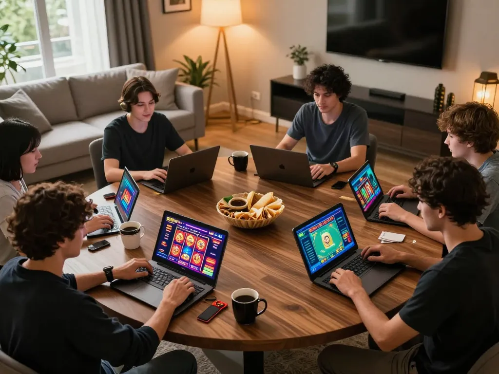 Engaging session of Đăng nhập LC88 with players enjoying online casino games in a cozy home setting.