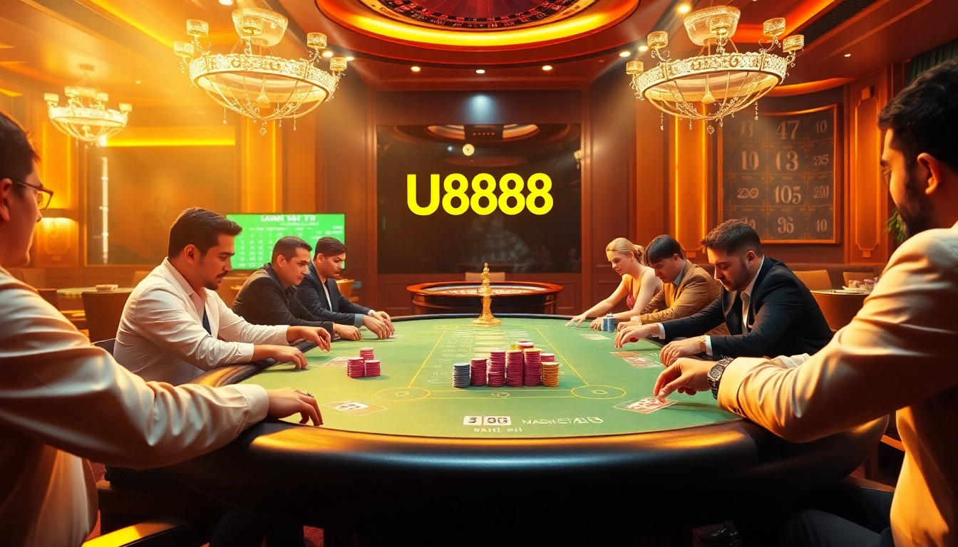 Players enjoy a high-stakes poker game at a luxurious casino, embodying the thrill of U8888 gambling.