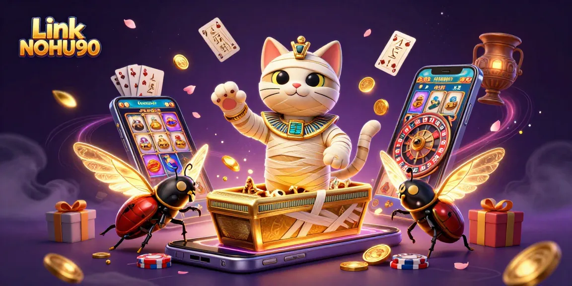 Experience the thrills of Link NOHU90 with vibrant characters bursting in a casino atmosphere.