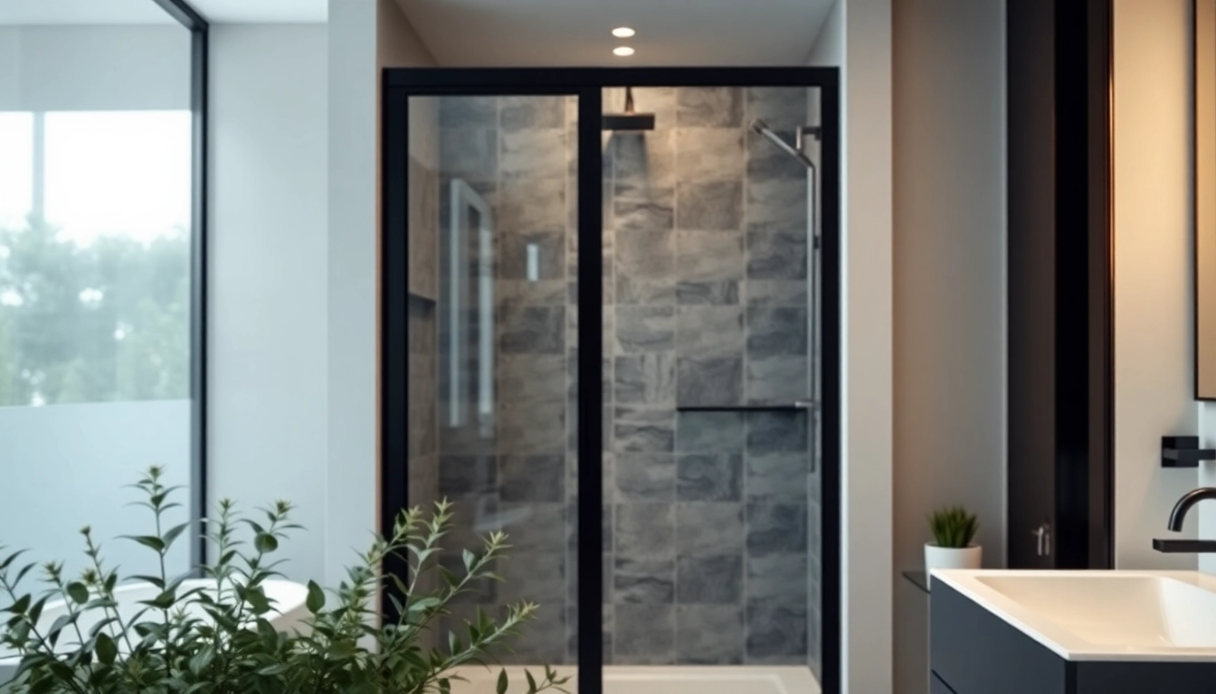 Stylish black shower door showcased in a modern bathroom with lush greenery.