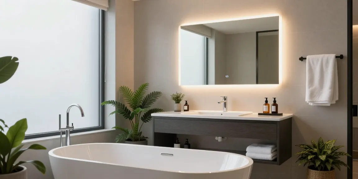 Hotel bathroom mirror elegance: LED mirror manufacturer illuminated layout.