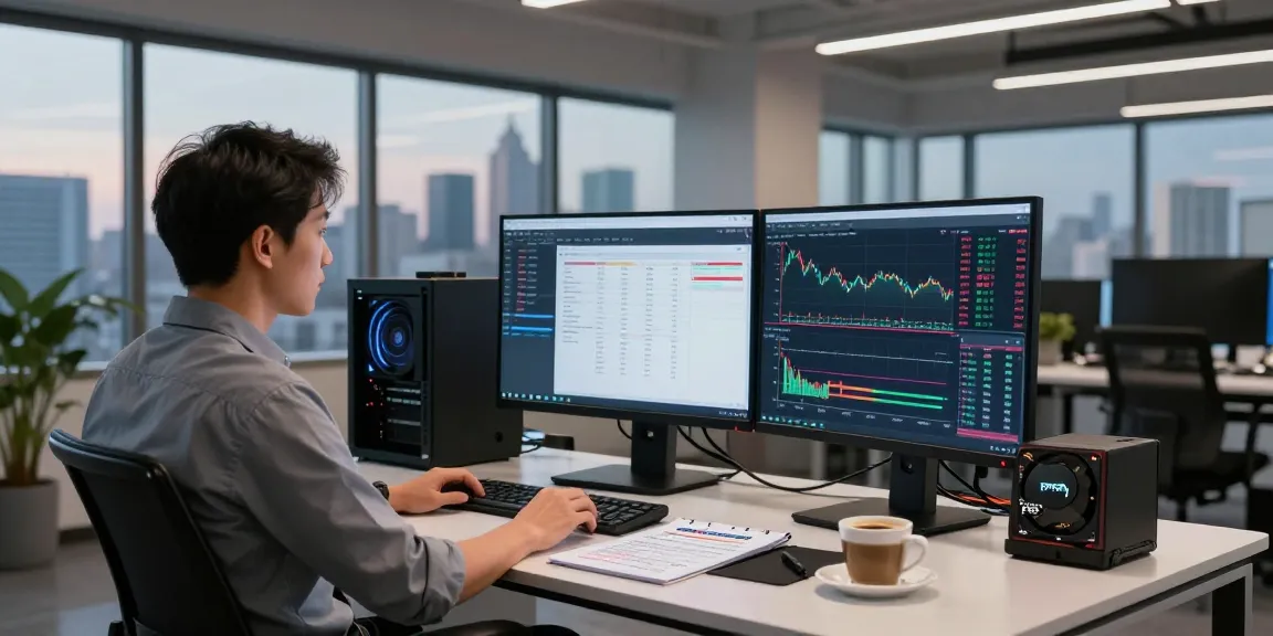 NinjaTrader VPS setup in a high-performance trading space with advanced hardware and financial charts.