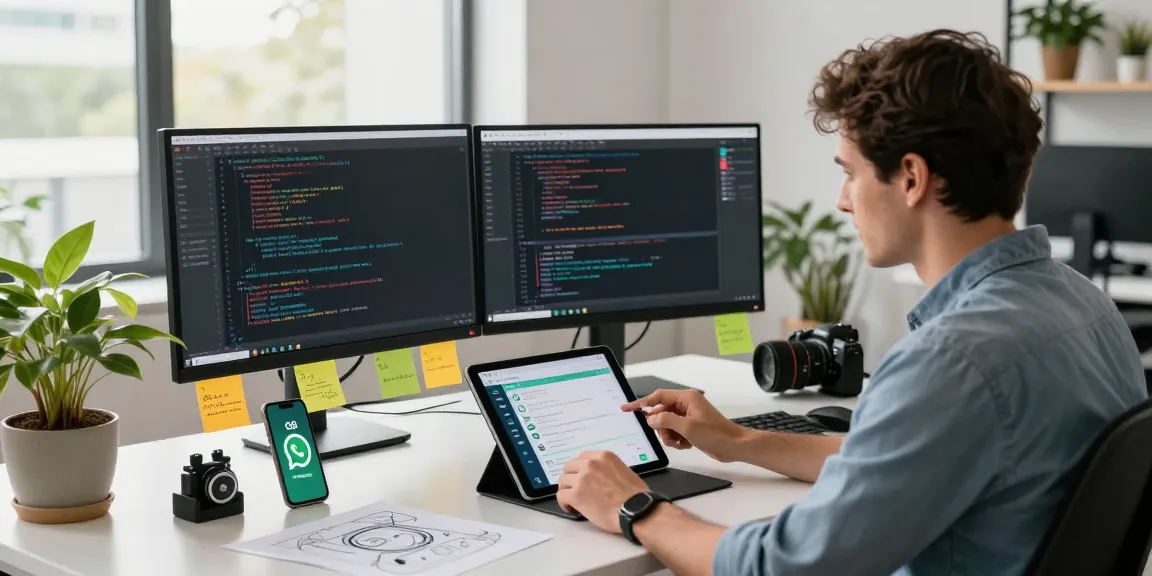 Mobile developer demonstrating features of GB WhatsApp in a dynamic workspace with modern gadgets.
