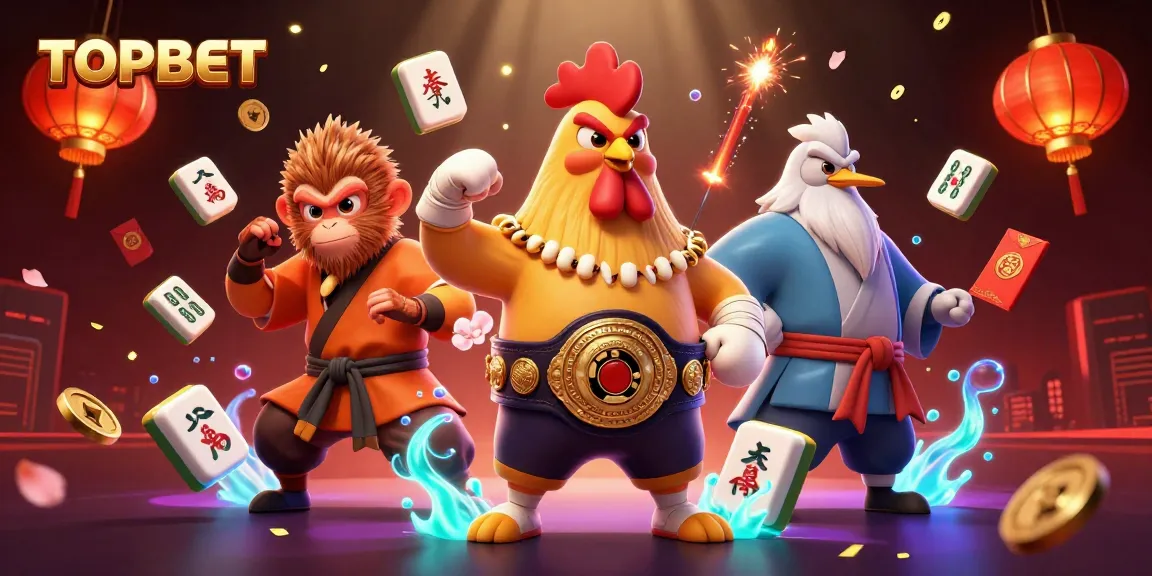TOPBET showcases a dynamic and colorful illustration featuring a Muay Thai rooster and Shaolin monkey amidst casino elements.
