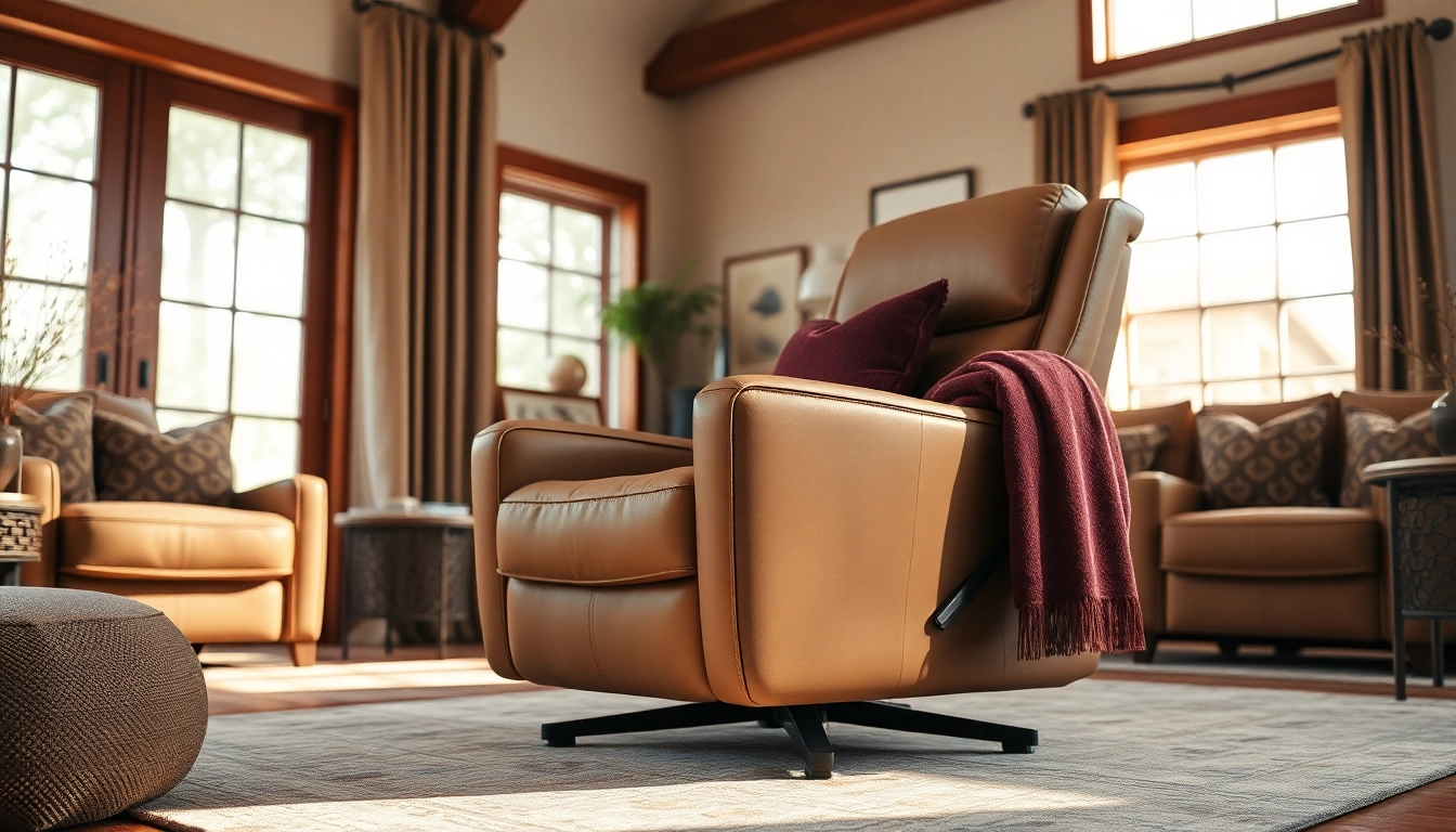 Relax in a beautifully designed recliner with independent back and footrest, showcasing plush upholstery and elegant details.