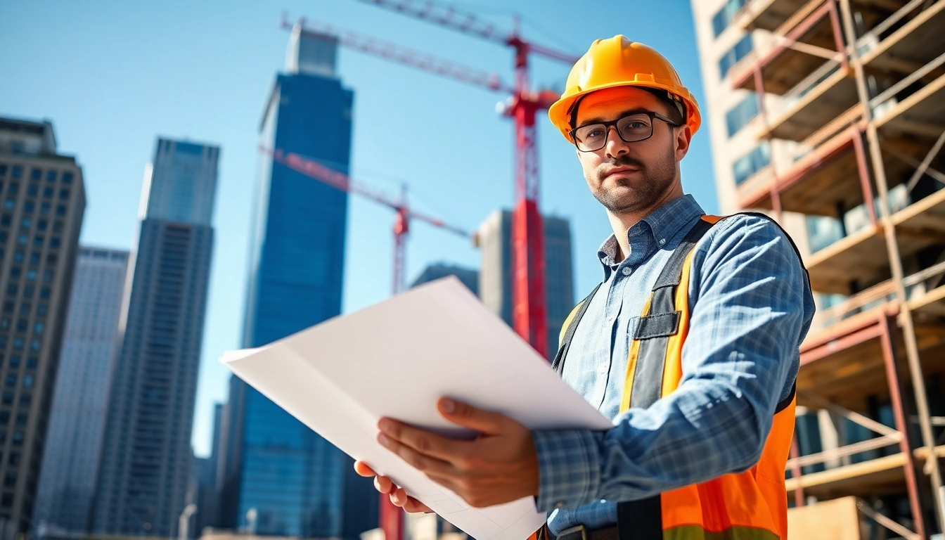 Manhattan General Contractor reviewing blueprints at a vibrant construction site.
