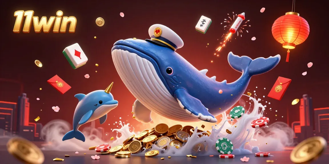 Experience the thrilling world of 11win with a whimsical whale and playful dolphins in a vibrant casino-themed illustration.
