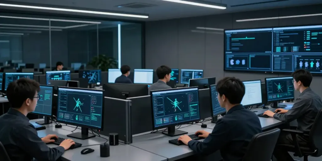 Red team cybersecurity professionals analyzing simulated attack data in an advanced digital environment.