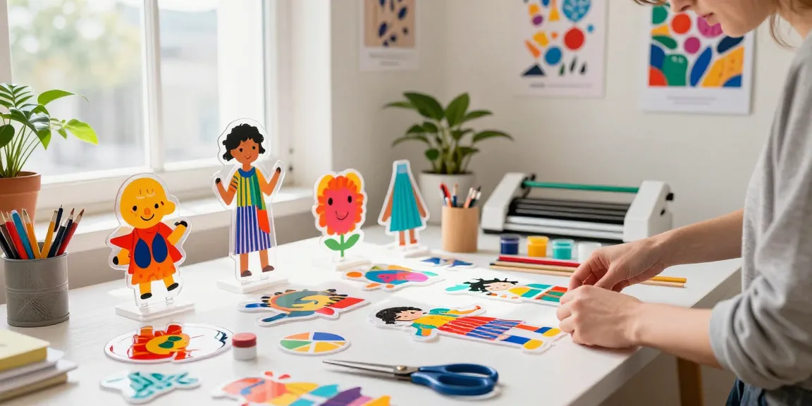 Artist creating custom acrylic standee designs in a colorful crafting space.