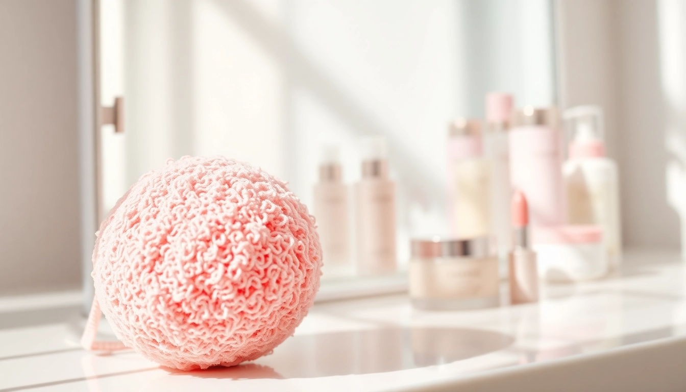 Using a makeup remover loofah for effective cleansing in a stylish bathroom setting.