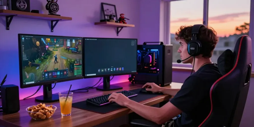 Player immersed in ROKOK88 gaming setup with vibrant lighting and snacks.
