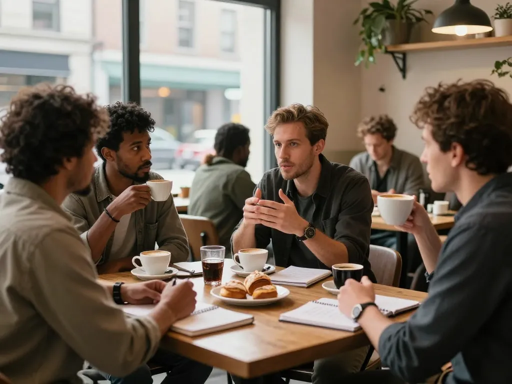 Men club ambiance with diverse men sharing stories over coffee in a cozy café.