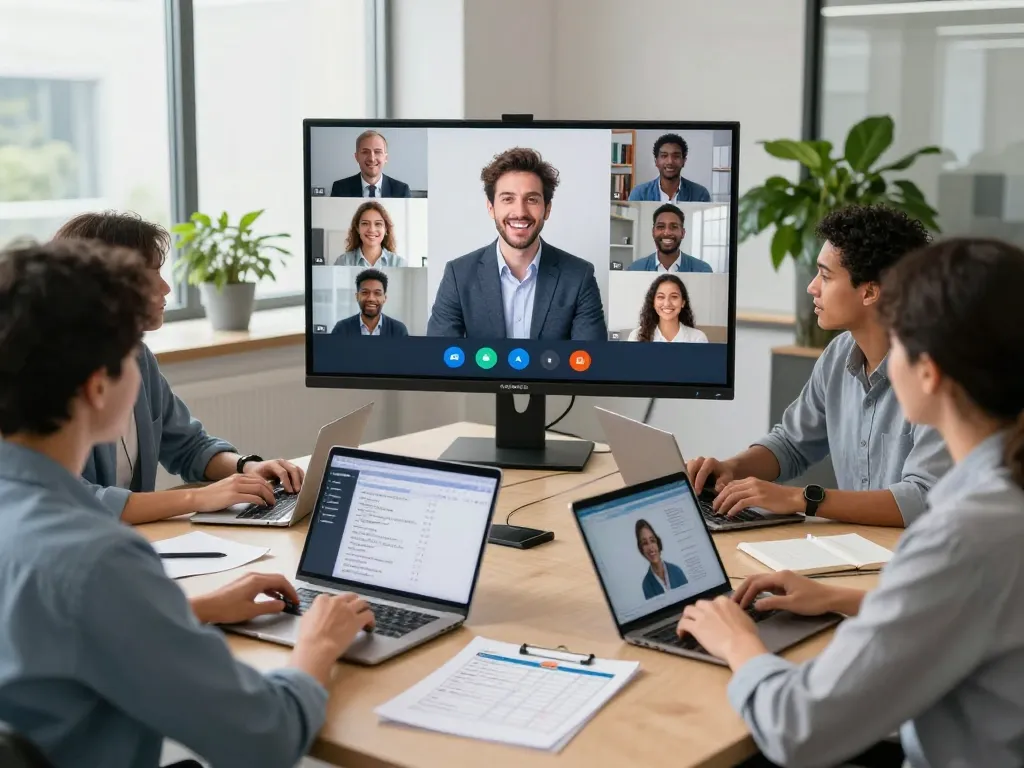 Engaged team using AI voice interviewer technology in a modern HR office.