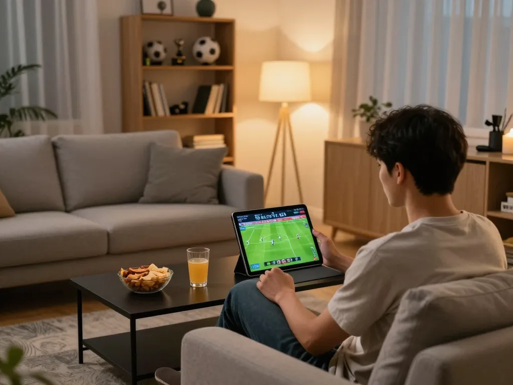 Socolive user enjoying live football streaming on a tablet while seated in a cozy home setup.