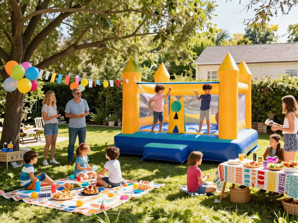 Children enjoying an inflatable bounce house at a joyful backyard party.