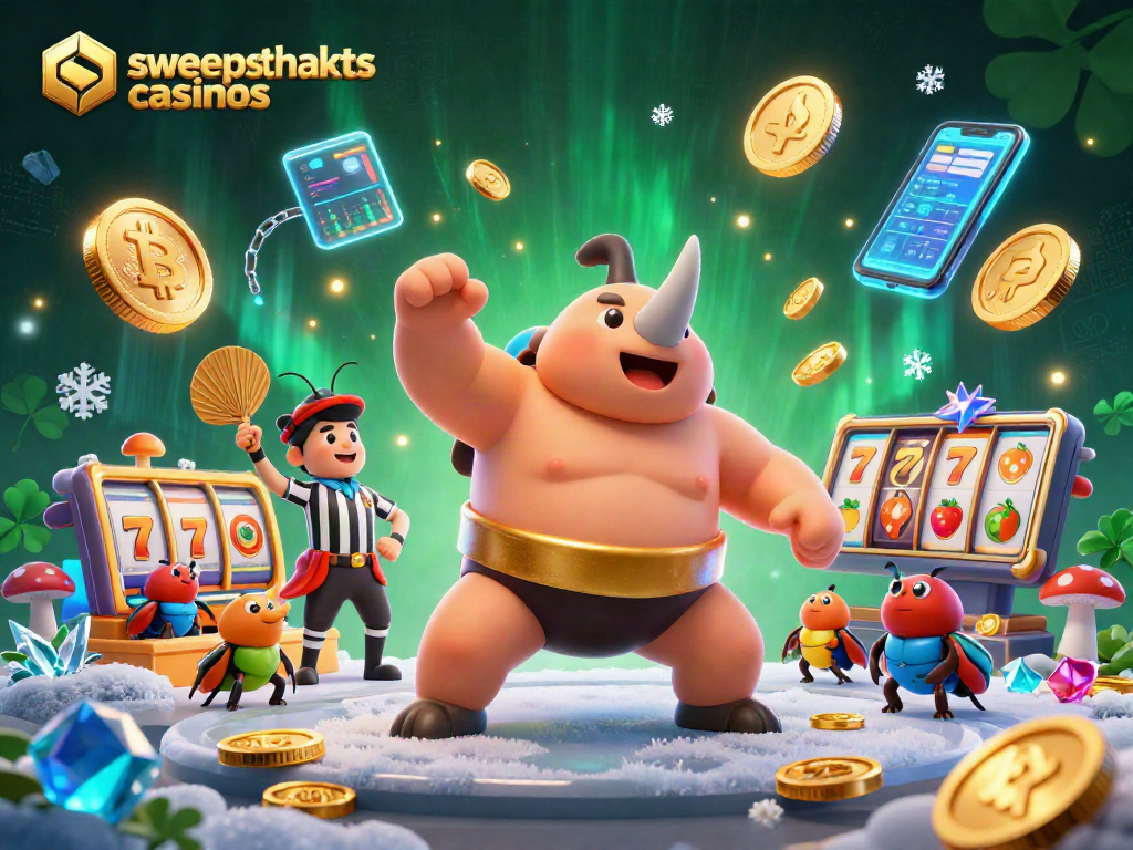Engage in sweepstakes casinos with an electrifying scene of a rhinoceros beetle champion amid flying coins and crypto elements.