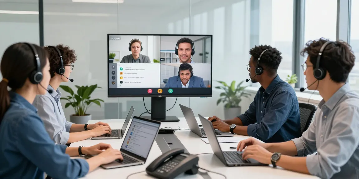 Telecomshop.nl team using headsets in a modern conference room to enhance communication.