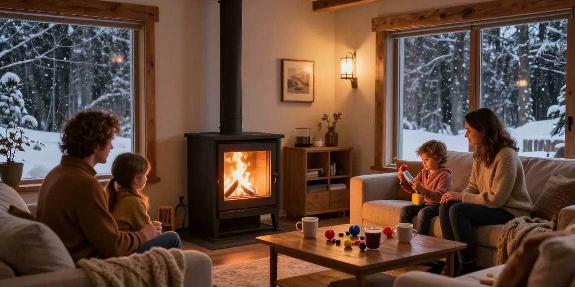 Cozy family gathering around a wood stove, illustrating warmth and comfort with izba24.by heating solutions.